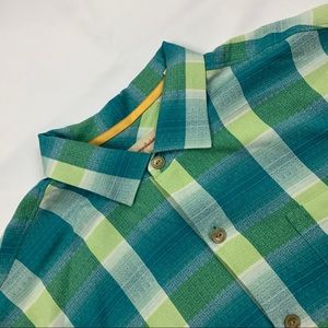 Tommy Bahama Green Blue Striped Silk Shirt Men's Size Large L Hawaiian Camp